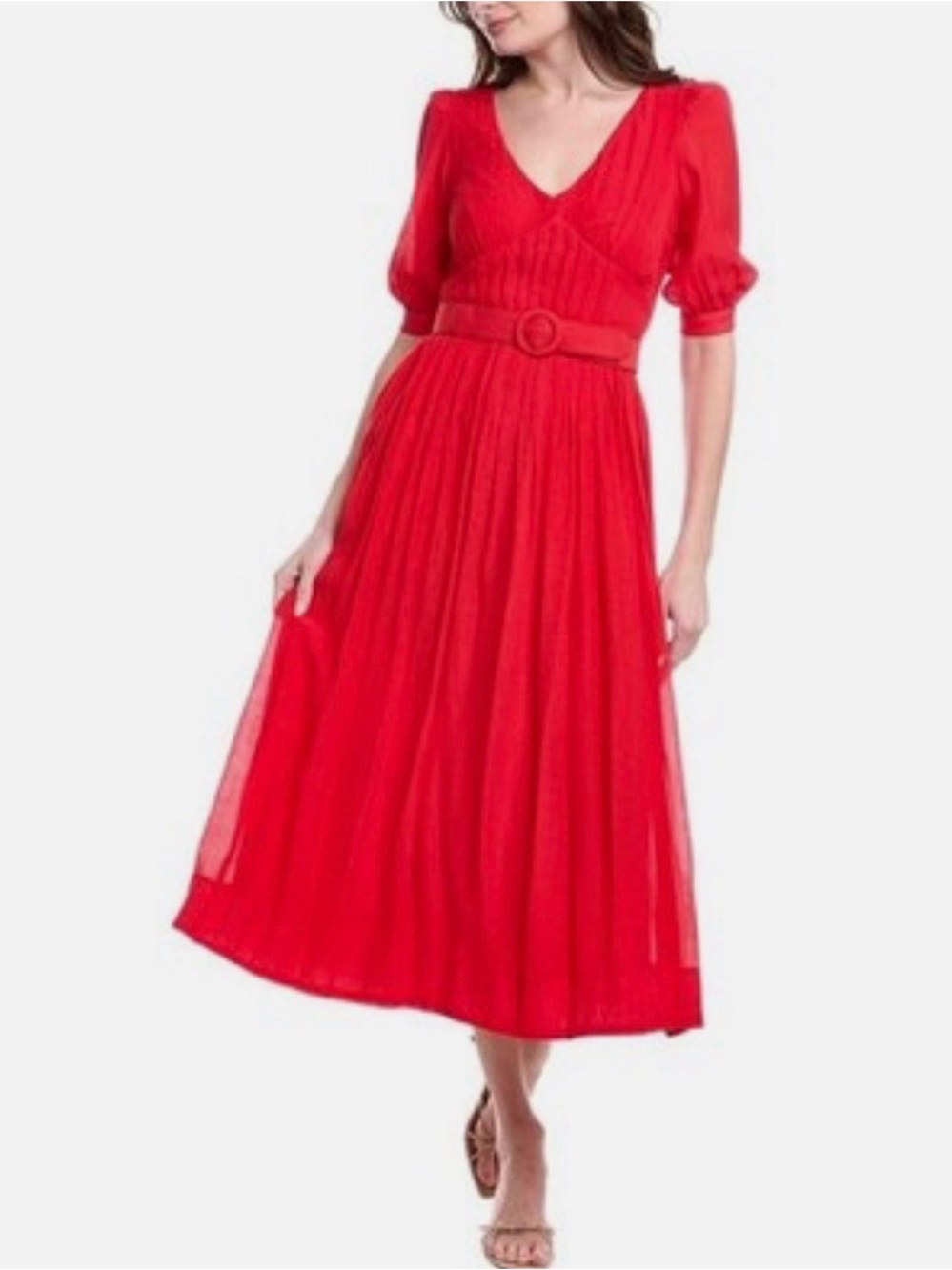 Taylor Red V-Neck Midi Dress with Belted Waist
